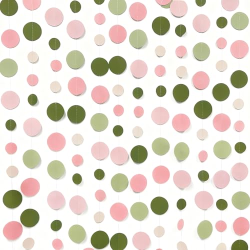 Sage Green and Dusty Pink Polka Dots Garlands Olive Green Dusty Rose Beige Hanging Paper Circle Dots Streamer for Girls Birthday Wedding Shower Engagement Bachelorette Party Decorations Supplies