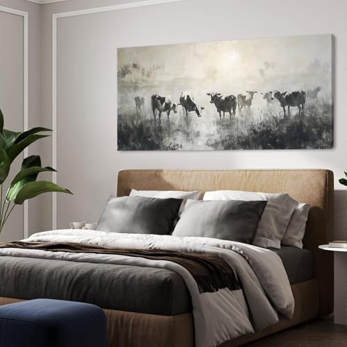 Black and White Cow Wall Art for Living Room Ink Wash Canvas Painting Prints Morning Cattle Vintage Country Farmhouse Artwork Bedroom Office Decor