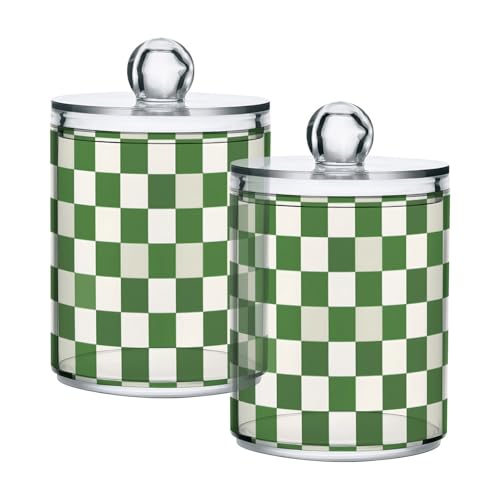 2 Pack Qtip Holder Organizer Dispenser Green White Checkered Pattern Bathroom Storage Canister Cotton Ball Holder Container for Cotton Pads (2 Count)