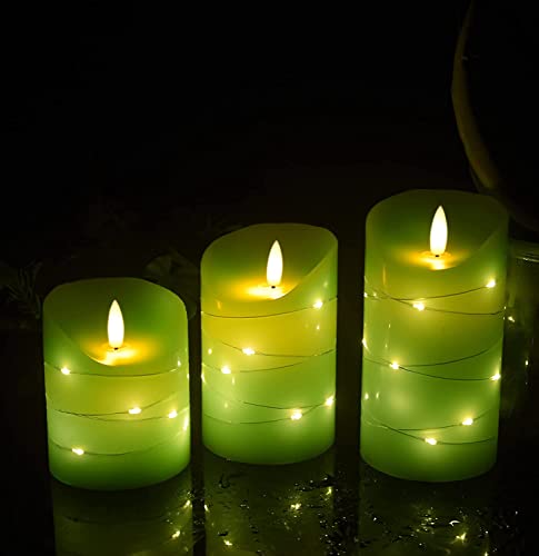 Green LED flameless Candle with Embedded Star String (3 Count)