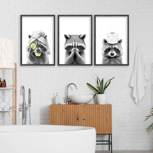 Raccoon Bathroom Wall Art Decor Set of 3 16x11 Inch Black