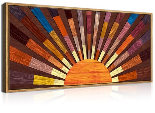 Extra Large Wood Sun Framed Wall Art 20x40 Inch Boho Sunrise 3D Geometric Wall Decor Mid century Sunshine Painting for Living room Bedroom Dining room Single