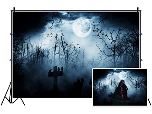 15x10ft Spooky Halloween Graveyard Backdrop Foggy Full Moon Horror Scene