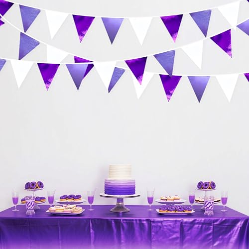Purple and White Party Decorations Metallic Fabric Ombre Purple White Triangle Pennant Banner Flag Bunting for Graduation Birthday Engagement Wedding Bachelorette Lavender Lilac Violet Party Supplies (36 Count)