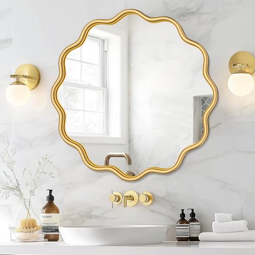 Gold Round Mirror 24 Inch Wavy Bathroom Vanity Mirror Gold Frame Modern Wall Mirror Decorative Wall