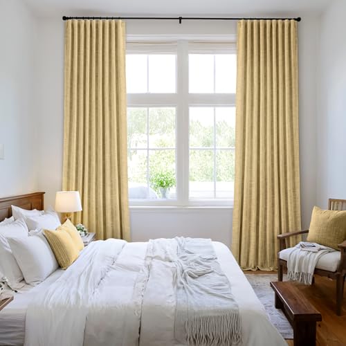 Yellow 100% Blackout Linen Curtains 90 Inch 2 Panels Set Double Sided No Coating Pleated Back Tab Black Out Long Thermal Insulated Pinch Pleat Bedroom Living Room Darkening Window Drapes (2 Count)