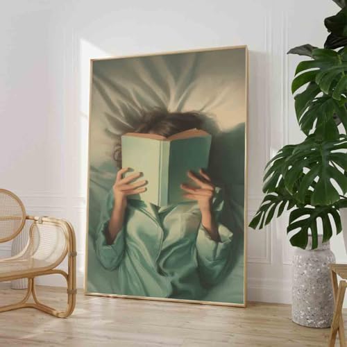 Women Reading Books Wall Art Emerald Green Pictures Modern Feminine Canvas Woman Portrait Pictures Minimalist Woman Wall Art Trendy Women Aesthetics Modern Abstract Living Room Decor 16x24in No Frame