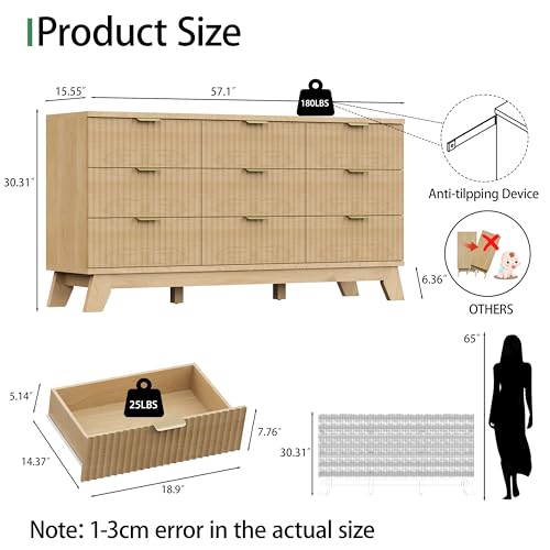 Fluted Dresser for Bedroom with 9 Drawers