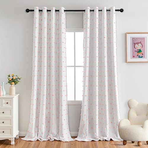 Total Blackout Curtains for Living Room 108 Inch Long 100% Light Blocking Curtains for Bedroom 2 Panels Set Privacy Protect Grommet 2 Layered Drapes with Pink Pom Pom Sheer 50W x 108L
