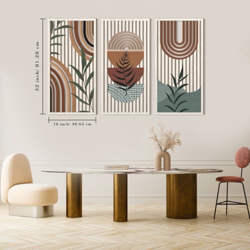 Large Boho Wood Wall Art 16x32 Inch Mid Century Modern Bohemian Wooden Wall Decor Brown Minimalist Geometric Plant Decor for Bedroom Living Room Dining Room Set of 3 (3 Count)