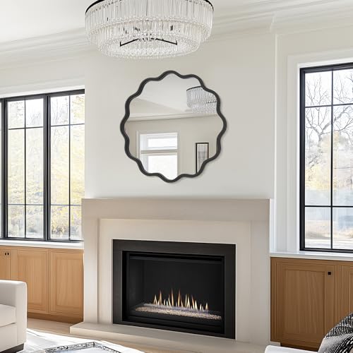 Black Round Mirror 24 Inch Wavy Bathroom Vanity Mirror Black Frame Modern Wall Mirror Decorative Wall