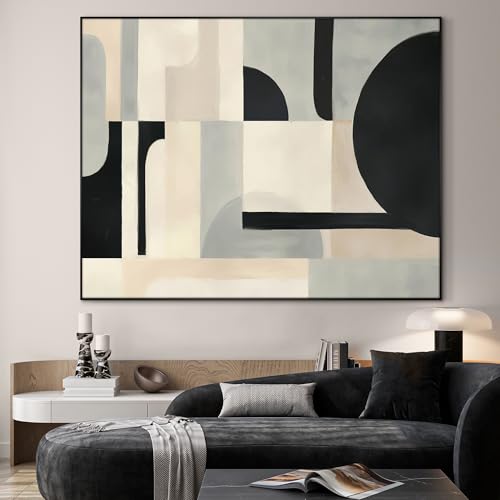 36"x46" Extra Large Framed Wall Art Modern Neutral Abstract Geometric in Black and Beige