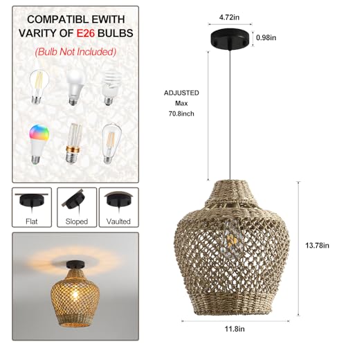 Rattan Pendant Light 11.8" Seagrass Hanging Light 2 (2 Count)