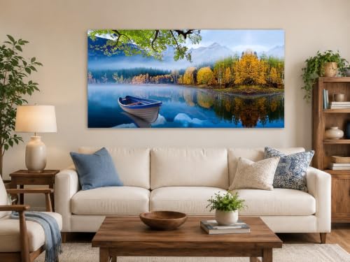 Lake Canvas Wall Art Landscape Blue Boat Painting Framed Large 40x20