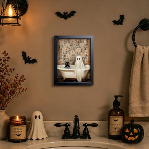 Funny Black Cat Bathroom Wall Art Framed Canvas Print