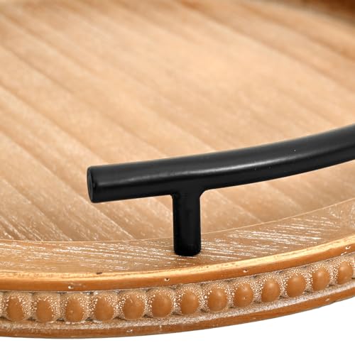 Brown Wooden Beaded Serving Tray with Handle Decorative Rustic Tray for Coffee Table Farmhouse Round Tray for Kitchen