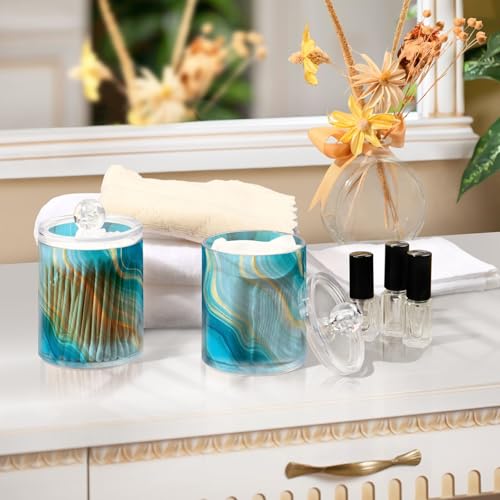 2 Pack Qtip Holder Organizer Dispenser Teal Turquoise Blue Marble Bathroom Storage Canister Cotton Ball Holder Container for Cotton Pads (2 Count)