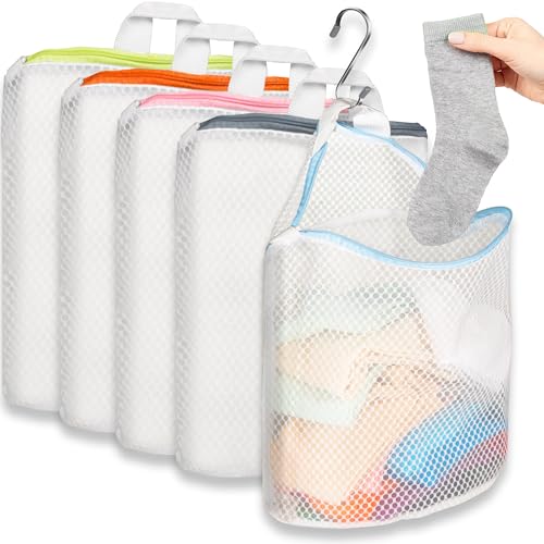 5Pcs Hanging Laundry Bags for Socks with S Hooks (5 Count)