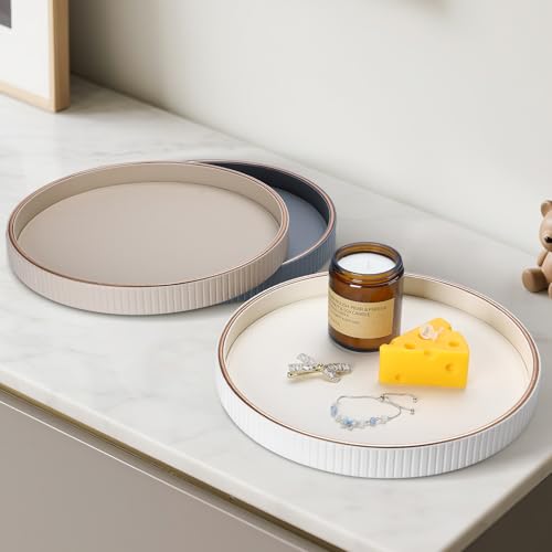 Round PU Leather Decorative Tray with Gold Trim