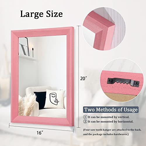 Rectangle Mirror with Wood Frame Modern Farmhouse Wall Mirrors Decor Large 20"x16" for Bedroom Bathroom Living Room Pink