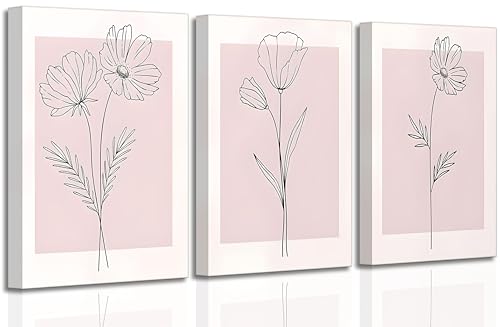 3 Pcs Minimalism Pink Floral Botanical Canvas Wall Art 16x24in (3 Count)