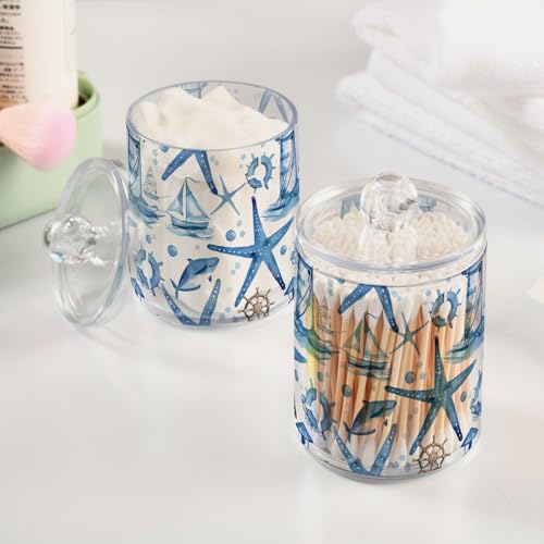 2 Pack Qtip Holder Organizer Dispenser Starfish and Lighthouse Bathroom Storage Canister Cotton Ball Holder Container for Cotton Pads (2 Count)