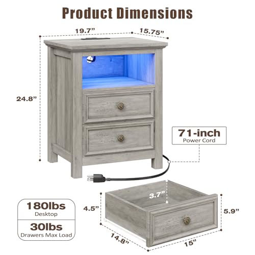 Set of 2 Nightstand with Charger Station Strip Lights
