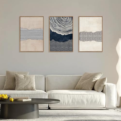 Large Abstract Navy Blue Beige Framed Canvas Wall Art (3 Count)