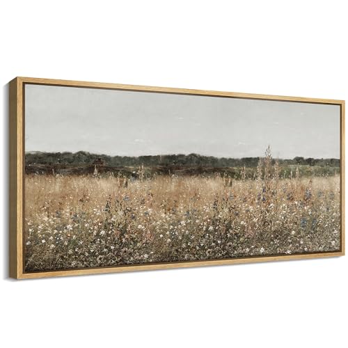 Extra Large Framed Canvas Print Wall Art Misty Morning Meadow with Wildflowers Antique Retro Fine Art Illustrations Decorative Colorful for Bedroom