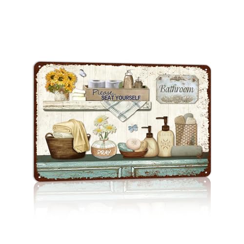 Farmhouse Bathroom Metal Tin Signs Rustic Flower Country Wall Art Decor