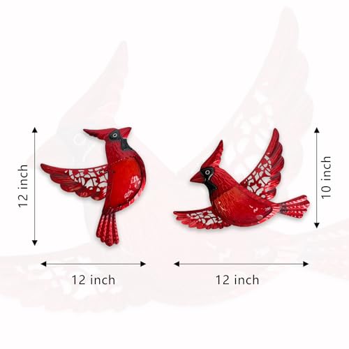 Metal Cardinal Wall Art 12inch Metal Birds Wall Sculpture Garden Decoration Outdoor Statue Patio Fence Hanging Plaques 2 Pack (2 Count)