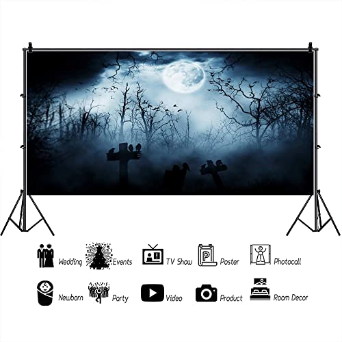 15x8ft Spooky Halloween Graveyard Backdrop Foggy Full Moon Horror Scene