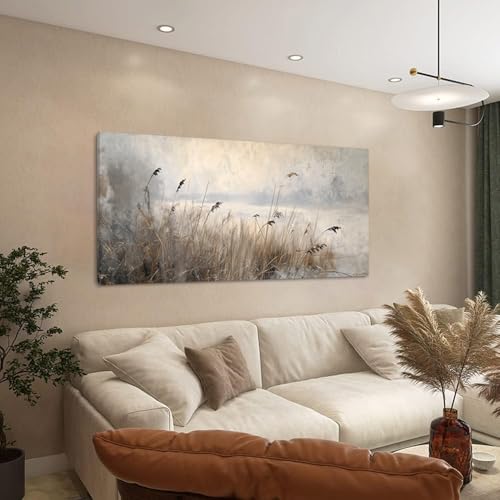 Vintage Meadow Wall Art for Living Room Reed Grass Canvas Painting Prints Large Retro Rustic Cottagecore Countryside Landscape Farmhouse Bedroom Artwork Home Decor