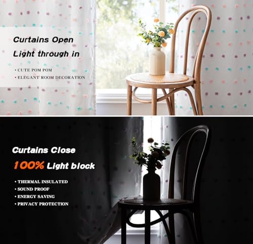 Total Blackout Curtains for Living Room 95 Inch Long 100% Light Blocking Curtains for Bedroom 2 Panels Set Privacy Protect Grommet 2 Layered Drapes with Rainbow Pom Pom Sheer 50W x 95L (2 Count)
