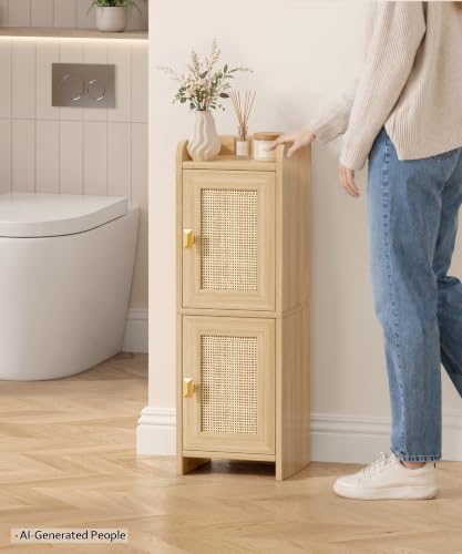 Rattan Small Bathroom Cabinet Narrow Toilet Paper Organizer Oak