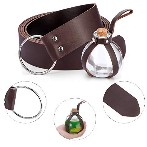 Mardi Gras Potion Bottles with Cork Set Dark Magic Cork Round Potion Bottle with Leather Belt Clear Glass Large for Halloween Costume Props DIY Crafts Decorative