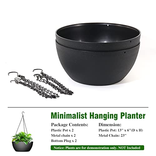 13 inch 2Pack Large Hanging Planters for Outdoor Indoor Plants with Drainage Holes and Chain (2 Count)