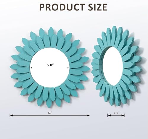 Beach Wall Decor Mirror 2 Pack 12 inch Wood Coastal Wall Decor Sunburst Boho Home Decor Room Decor for Bedroom Living Room Entryway Cyan (2 Count)