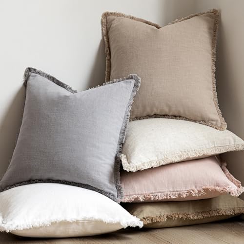 Decorative Linen Fringe Throw Pillow Covers 16×16 Inch (2 Count)