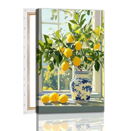 Lemon Wall Art Lemon Tree Canvas Still Life Kitchen Prints Vintage Fruit Prints Still Life Fruit Painting Pottery Wall Art Blue And White Vase Pictures Living Room Decor 16x24inch Framed