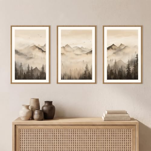Neutral Misty Mountain Forest Framed Canvas Wall Art