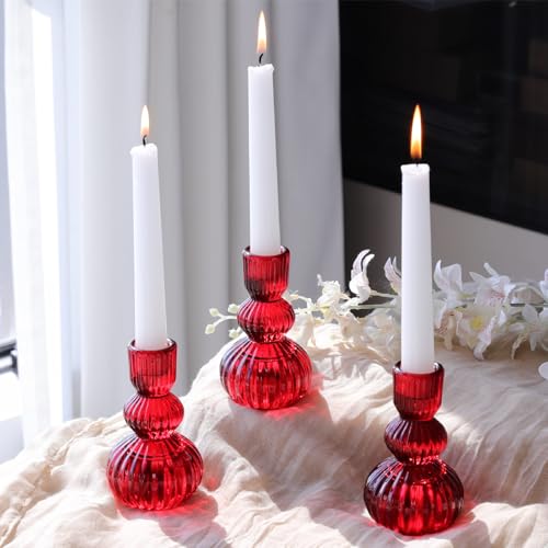 3pcs Red Taper Candle Holders Glass (3 Count)