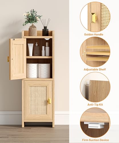 Rattan Small Bathroom Cabinet Narrow Toilet Paper Organizer Oak