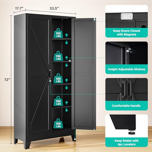 Wide & Deep Pantry Storage Cabinets with 2 Doors and 5 Shelves