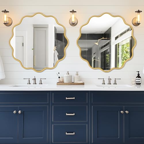Gold Round Mirror 32 Inch Wavy Bathroom Vanity Mirror Gold Frame Modern Wall Mirror Decorative Wall
