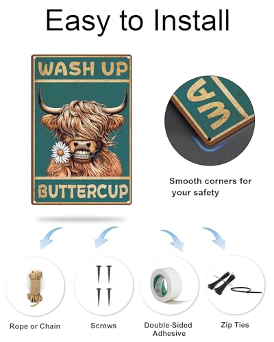 Highland Cow Wash Up Buttercup Sign Vintage Bathroom Decor 8x12"