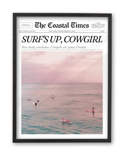 16x20in Surf’s Up Cowgirl Black Framed Newspaper Wall Art