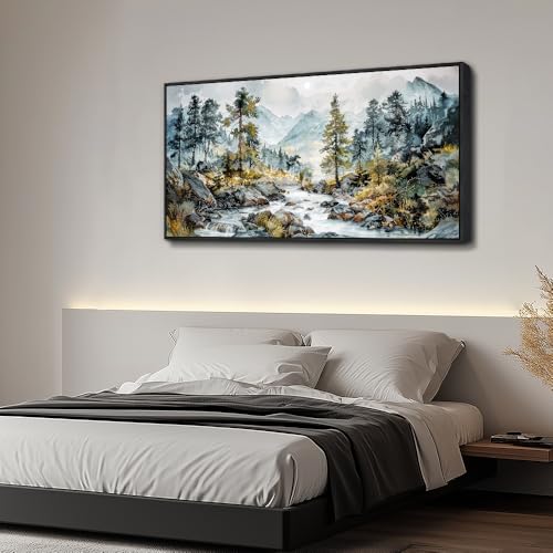 Large Wall Art For Bedroom Wall Decor For Living Room Office Decoration Rivulet View Painting Forest Tree Landscape Watercolour Pictures Canvas Artworks Home Decor Black Framed 24x48 In