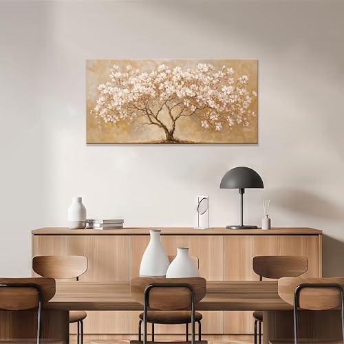 Canvas Wall Art Decor Beige Magnolia Tree of Life Canvas Art Wall Decor For Living Room Modern Tree Nature Botanical Canvas Prints White Flower Wall Art Decor For Bedroom Home Office Decor 20"×40"