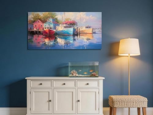 Lake Wall Art Sailboat Nautical Canvas Painting Framed Large 40"x20"